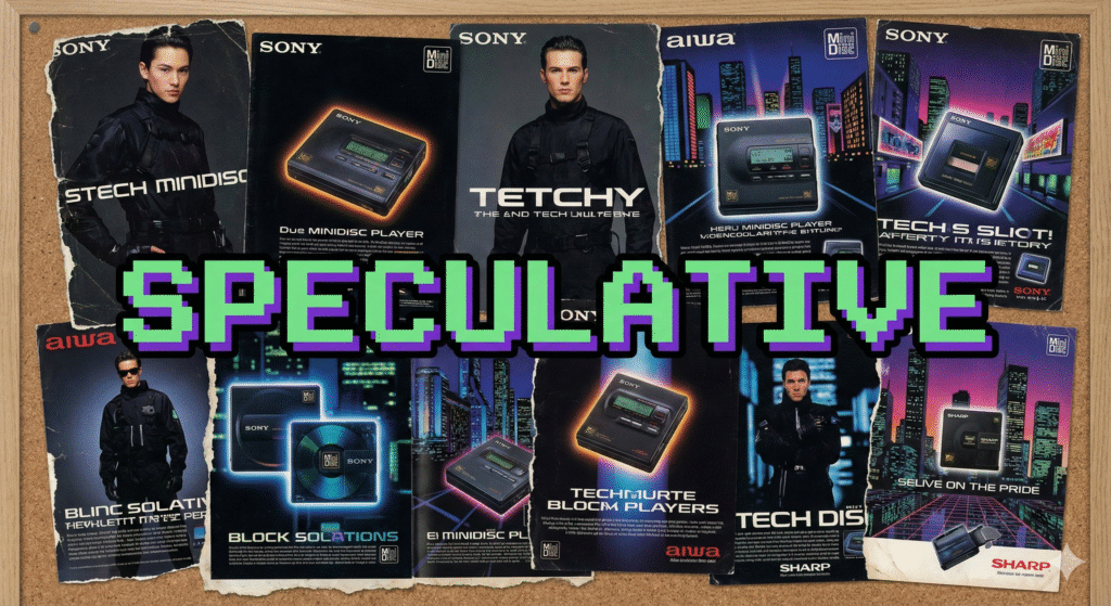 Collage of old MiniDisc ads from the 90s.