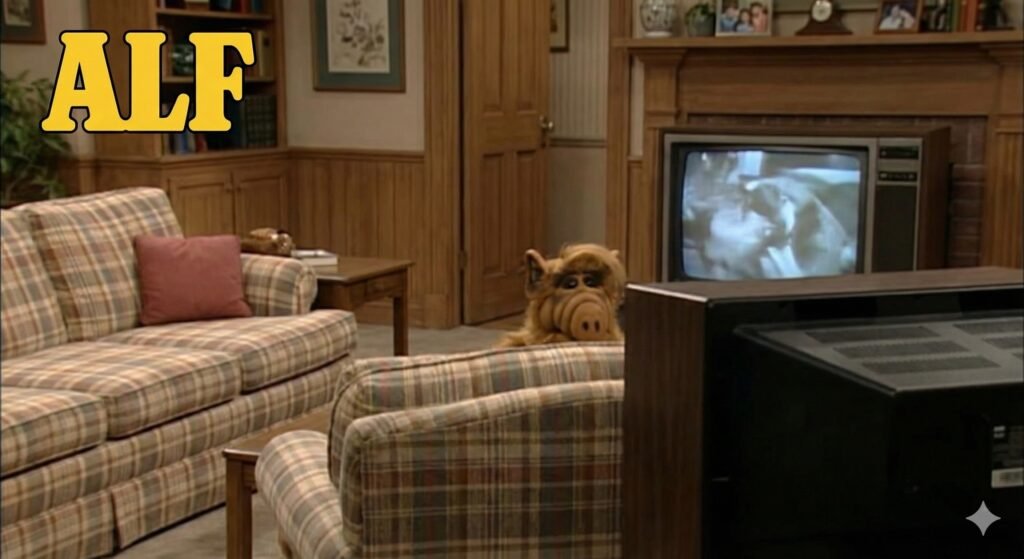 ALF peeking over the plaid couch in the Tanner family living room