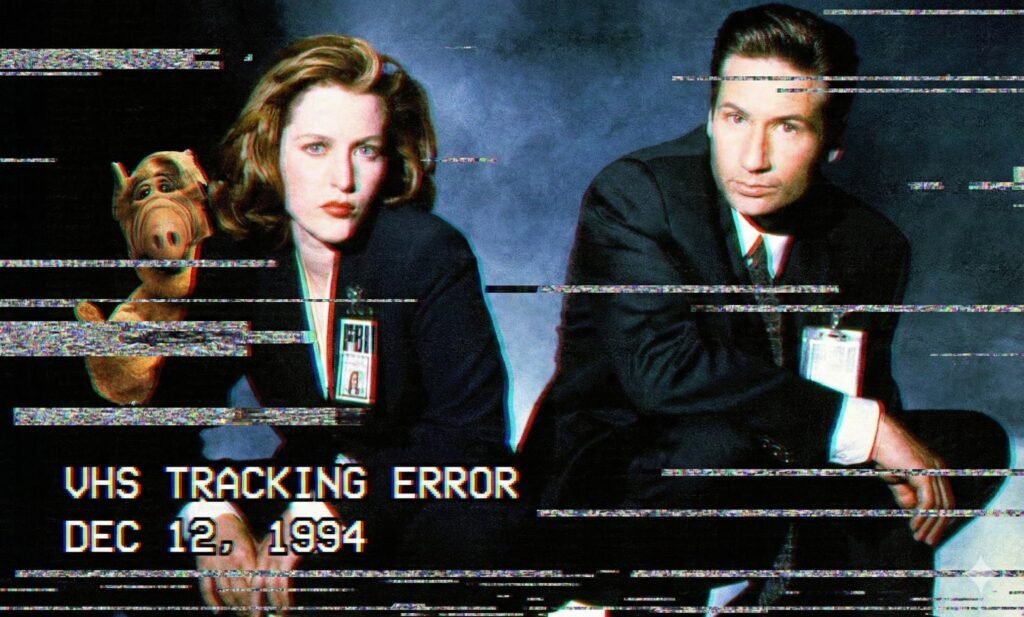 Glitch collage. ALF sneaking past Agents Mulder and Scully. The image has heavy VHS tracking lines