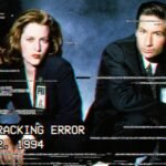 Glitch collage. ALF sneaking past Agents Mulder and Scully. The image has heavy VHS tracking lines