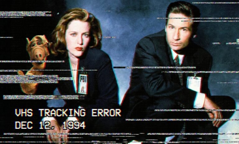 Glitch collage. ALF sneaking past Agents Mulder and Scully. The image has heavy VHS tracking lines