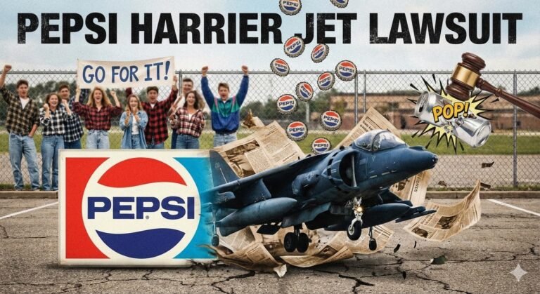 Dramatic 90s style illustration of a Harrier Jet landing in a school parking lot representing the Pepsi Harrier Jet lawsuit.