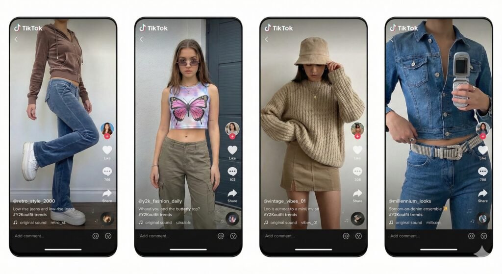 A montage of TikTok screenshots featuring viral #Y2Koutfit trends, including butterfly clips, baggy cargo pants, baby tees, and velour tracksuits in a colorful Y2K aesthetic