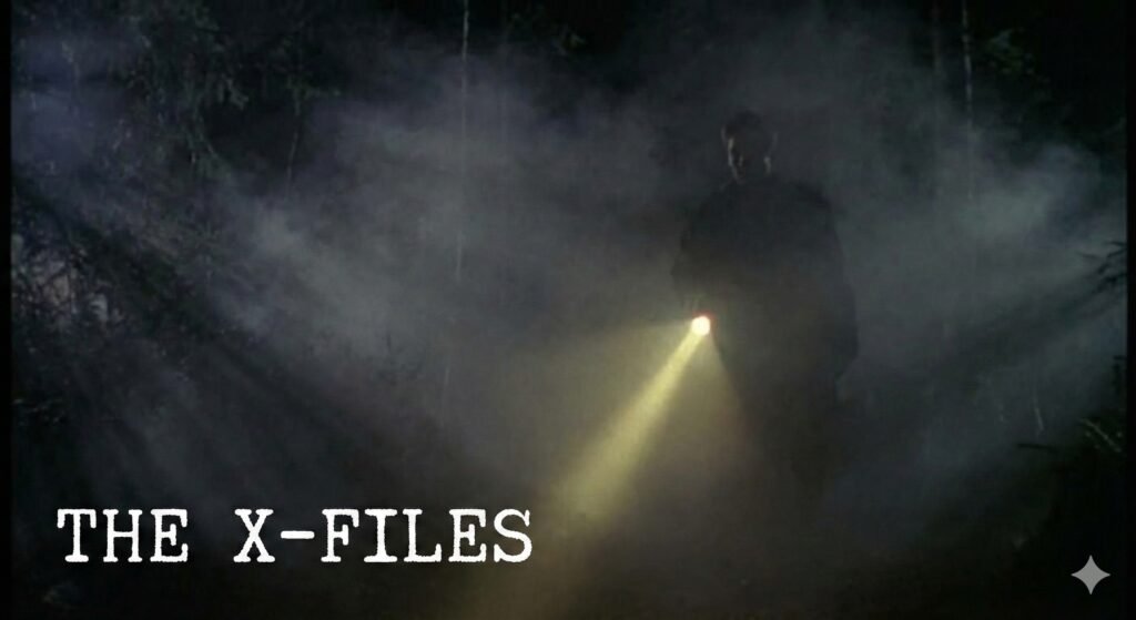 Grainy flashlight beam cutting through dark fog in an X-Files style mystery scene