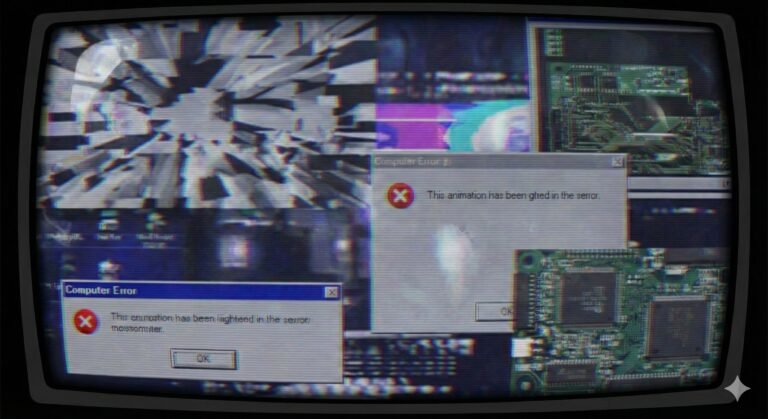 Retro CRT TV screen displaying the distorted blue pixel text "GLITCHBACK" above the white headline "Welcome to GLITCHBACK: Our Manifesto for Defective Nostalgia." The background is a chaotic collage of digital glitches, old computer error messages, and circuit boards with scan lines.