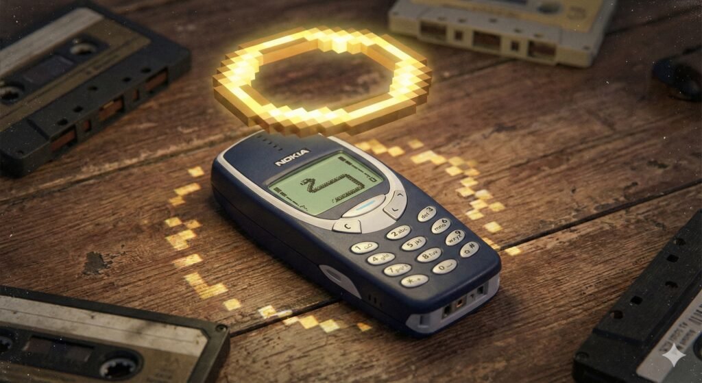 A classic Nokia 3310 mobile phone with a glowing golden pixel halo levitating above it, resting on a wooden table with vintage cassette tapes.