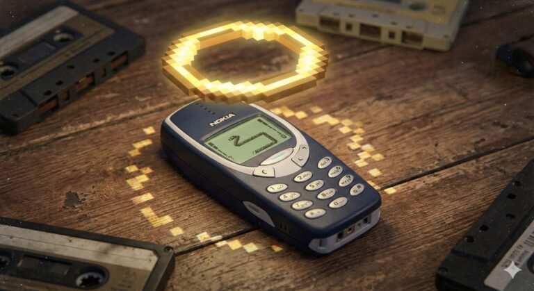 A classic Nokia 3310 mobile phone with a glowing golden pixel halo levitating above it, resting on a wooden table with vintage cassette tapes.