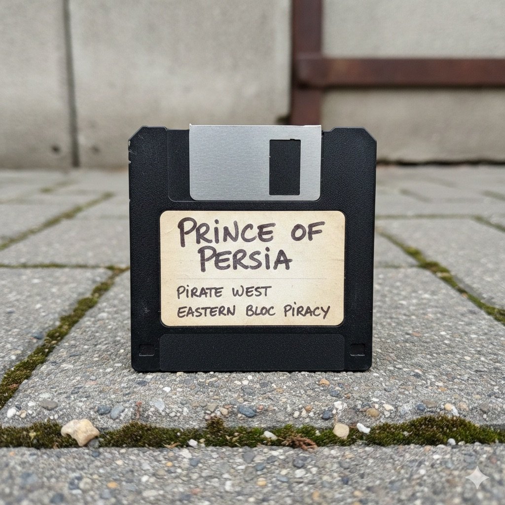 Vintage 5.25-inch floppy disk with handwritten Prince of Persia label resting on gray concrete pavers