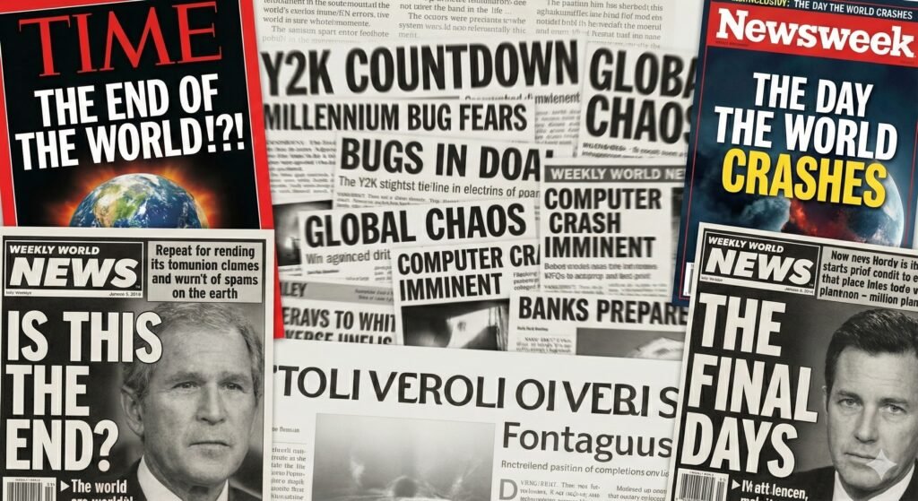 A collage of 1999 magazine and newspaper covers about the Y2K computer bug, featuring headlines like "THE END OF THE WORLD !?!" from Time, "THE DAY THE WORLD CRASHES" from Newsweek, and apocalyptic warnings like "JANUARY 1, 2000 IS THIS THE END?", with a blurred center for text overlay.