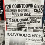A collage of 1999 magazine and newspaper covers about the Y2K computer bug, featuring headlines like "THE END OF THE WORLD !?!" from Time, "THE DAY THE WORLD CRASHES" from Newsweek, and apocalyptic warnings like "JANUARY 1, 2000 IS THIS THE END?", with a blurred center for text overlay.