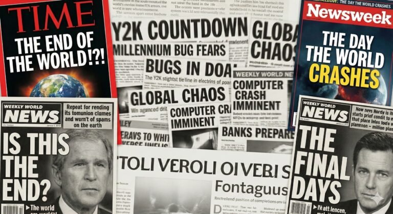 A collage of 1999 magazine and newspaper covers about the Y2K computer bug, featuring headlines like "THE END OF THE WORLD !?!" from Time, "THE DAY THE WORLD CRASHES" from Newsweek, and apocalyptic warnings like "JANUARY 1, 2000 IS THIS THE END?", with a blurred center for text overlay.