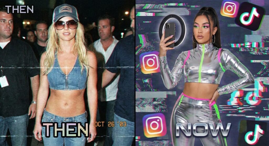 Split screen comparison of 2000s Britney Spears paparazzi style in low-rise jeans and a modern Gen Z influencer in a chrome TikTok outfit with Y2K glitch aesthetic.