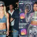 Split screen comparison of 2000s Britney Spears paparazzi style in low-rise jeans and a modern Gen Z influencer in a chrome TikTok outfit with Y2K glitch aesthetic.