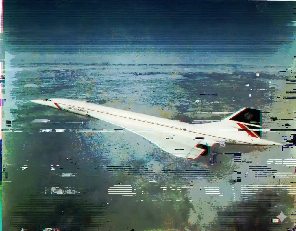 Vintage photograph of British Airways Concorde G-BOAC in flight with retro glitch art effects and digital distortion.