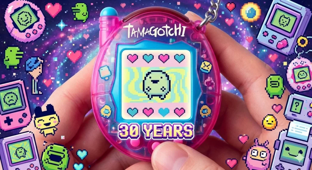 Hand holding a special edition Tamagotchi toy celebrating its 30th anniversary with pixelated art.