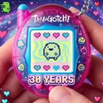 Hand holding a special edition Tamagotchi toy celebrating its 30th anniversary with pixelated art.