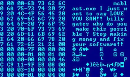 The First Computer Virus: A Wild Ride Through 50+ Years of Digital Pandemics 2 Hex dump of the Blaster worm, showing a message left for Microsoft founder Bill Gates by the programmer