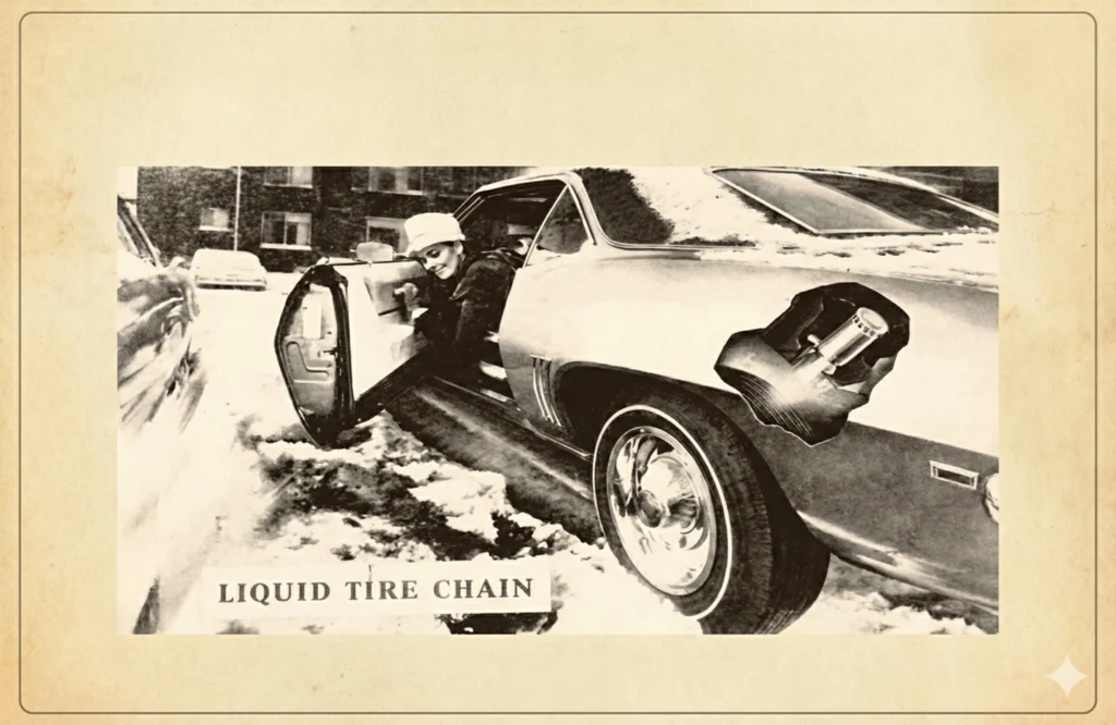 Vintage 1969 Chevrolet Liquid Tire Chain system advertisement on a snow-covered car.