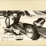 Vintage 1969 Chevrolet Liquid Tire Chain system advertisement on a snow-covered car.