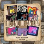 A scrapbook-style collage featuring various vintage MTV logos from the 80s and 90s, centered around text that reads 'The End of an Era - Music Television 1981-20XX'. The background features old CRT televisions and newspaper clippings.