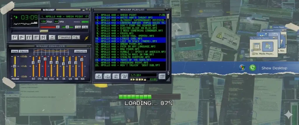 A retro-themed collage featuring a full Winamp media player with the 'Classic' skin playing Apollo 440's 'Omega Point', a Windows XP Luna taskbar with a 'Show Desktop' icon, and a Flash loading bar at 87% on a background of scattered computer windows.