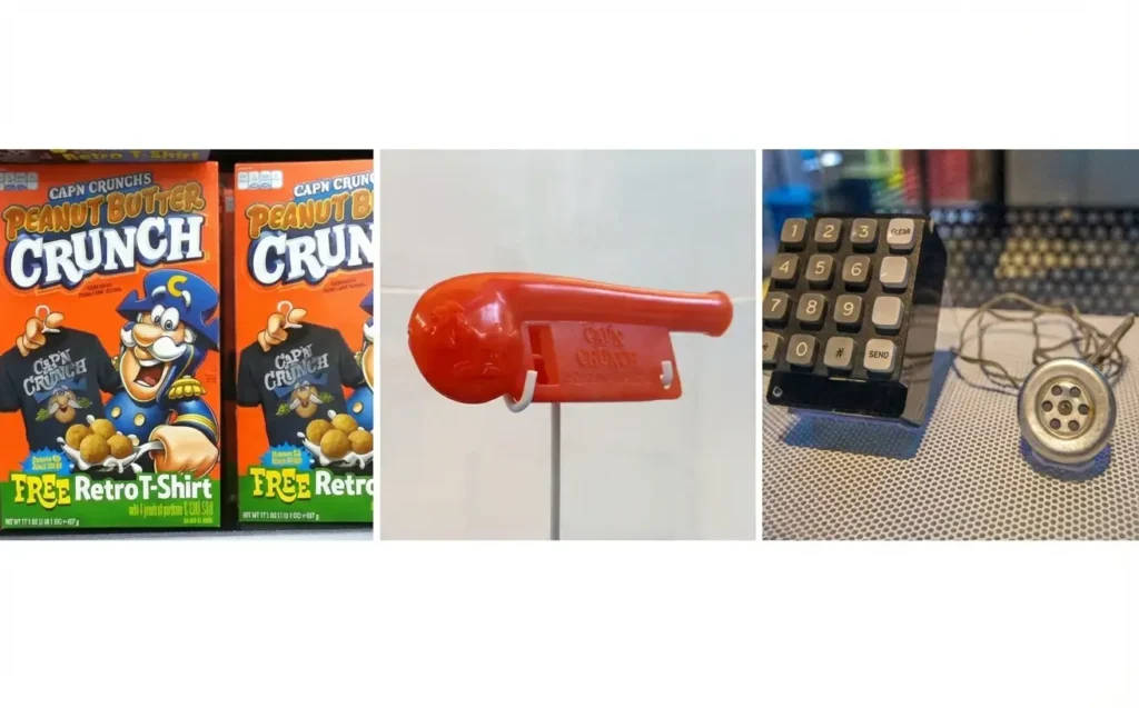 Collage of captian crunch, whistle and blue box