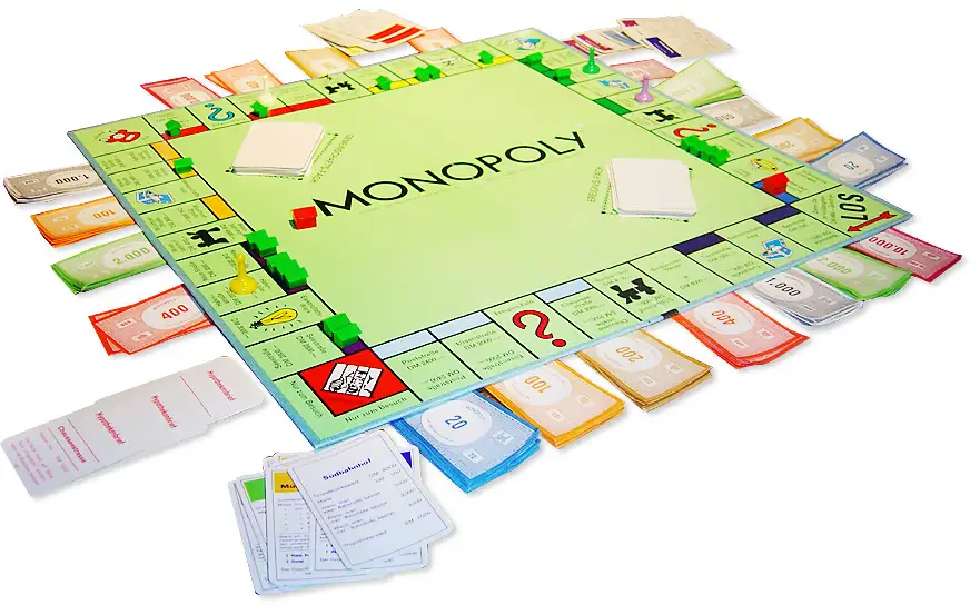 A German Monopoly board in the middle of a game.