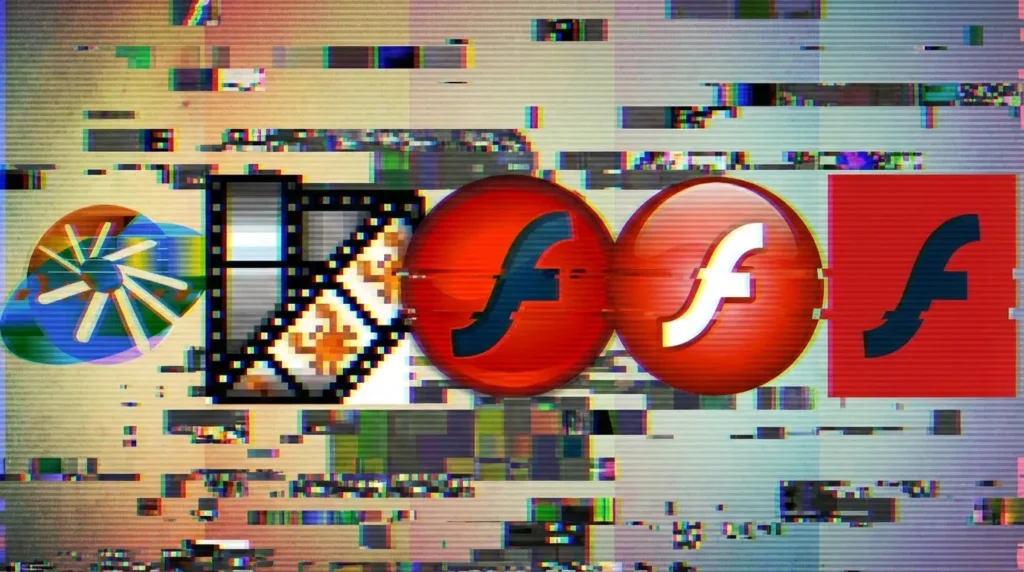 A horizontal glitch art timeline showing five historical Adobe Flash logos corrupted with digital noise and scan lines. From left to right: the multicolored Macromedia Shockwave Flash spinner, a pixelated film strip with a sunburst, a red orb with a blue 'f', a red orb with a white 'f', and the modern flat red square with a blue 'f'. The background is a chaotic mosaic of digital distortion