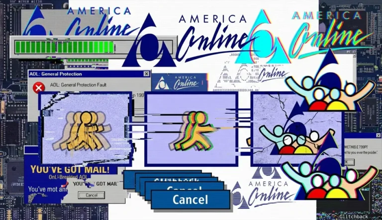 The Rise and Fall of AOL: How It Ruled the Early Web 1 A nostalgic glitch art collage featuring the America Online (AOL) connection sequence with chromatic aberration, 90s "You've Got Mail" pop-ups, and digital distortion effects for Glitchback.