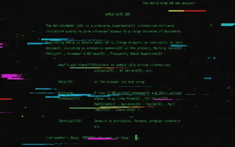What Was the First Website Ever Created? 2 Glitch art style recreation of the first World Wide Web page from CERN with green terminal text on a black background.