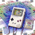 A surreal digital glitch-art collage featuring a classic Nintendo Game Boy, a Monopoly board game, and Operation game pieces with circuit board overlays.