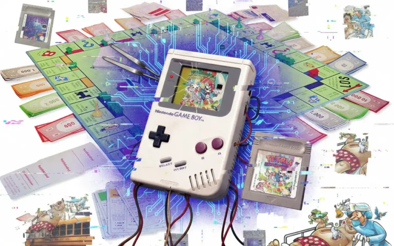 The Games That Changed Our Childhood Forever: From Monopoly to Operation and Game Boy 3 A surreal digital glitch-art collage featuring a classic Nintendo Game Boy, a Monopoly board game, and Operation game pieces with circuit board overlays.