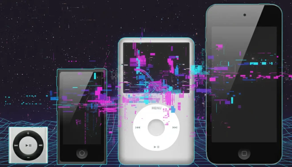 A digital collage of various iPod models, including the Shuffle, Nano, Classic, and Touch, featuring vaporwave colors and glitch art effects against a retro grid background.