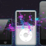 A digital collage of various iPod models, including the Shuffle, Nano, Classic, and Touch, featuring vaporwave colors and glitch art effects against a retro grid background.