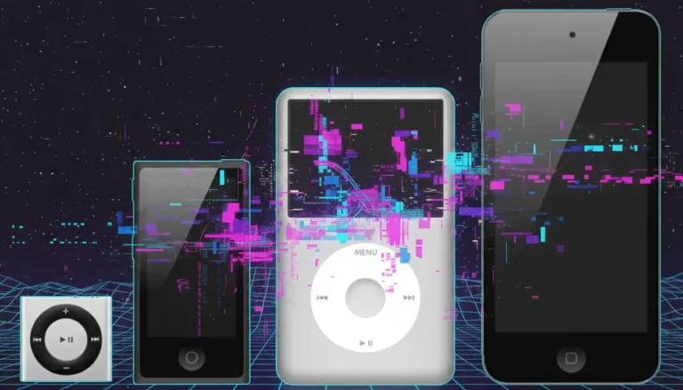 The iPod: The Device That Put 1,000 Songs in Your Pocket and Changed the World 4 A digital collage of various iPod models, including the Shuffle, Nano, Classic, and Touch, featuring vaporwave colors and glitch art effects against a retro grid background.