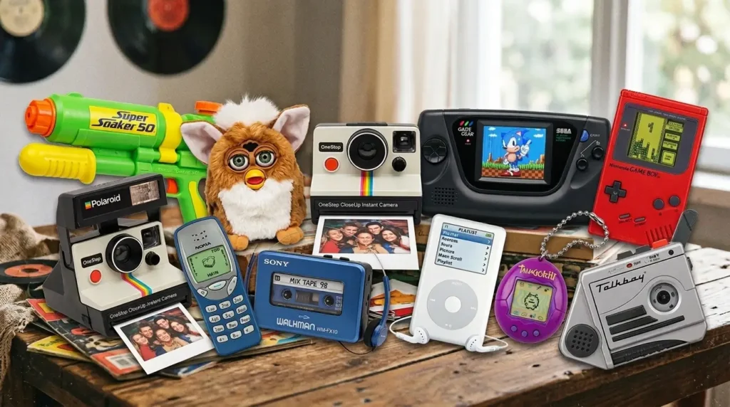 A collection of iconic retro 90s gadgets, including a Super Soaker, Furby, Sega Game Gear, Game Boy, Nokia 3210, Sony Walkman, iPod, Tamagotchi, and a Talkboy, for glitchback.com