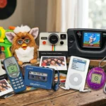 A collection of iconic retro 90s gadgets, including a Super Soaker, Furby, Sega Game Gear, Game Boy, Nokia 3210, Sony Walkman, iPod, Tamagotchi, and a Talkboy, for glitchback.com