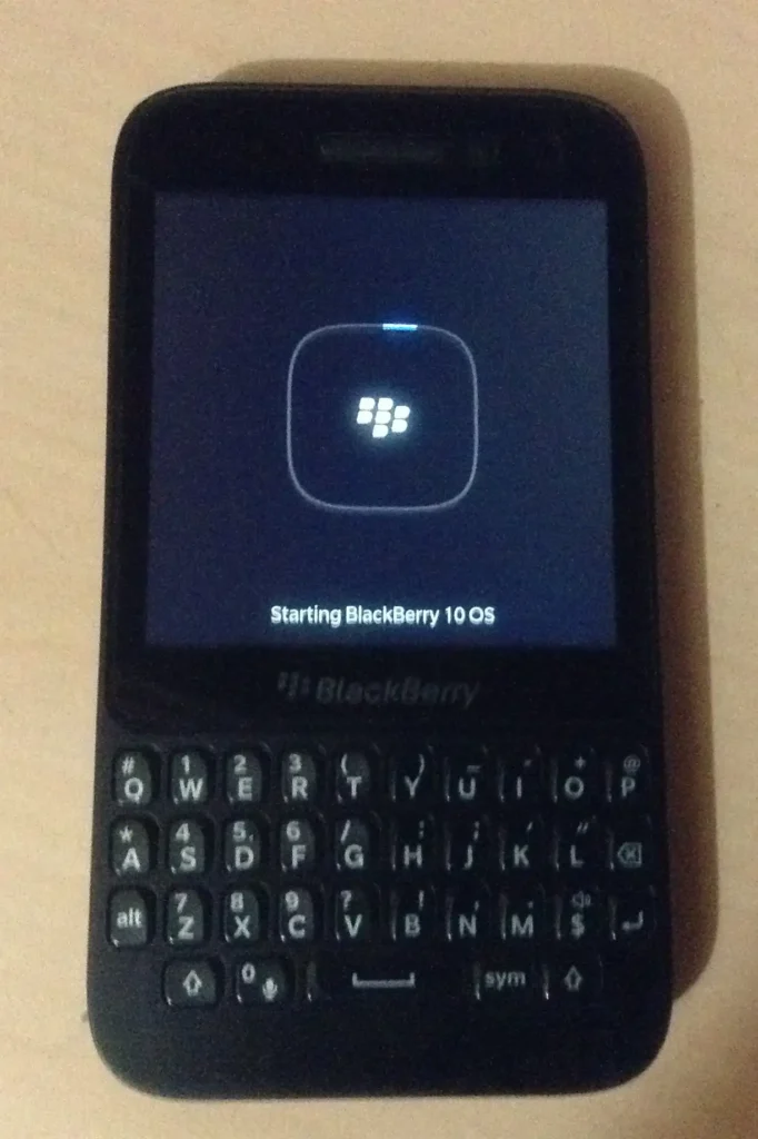 A BlackBerry Q10 smartphone with its physical QWERTY keyboard, a late attempt by the company to stay competitive in the smartphone market.