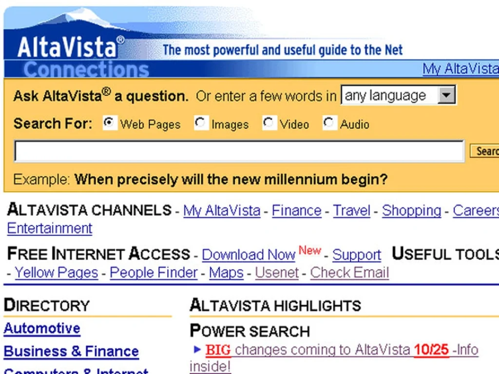 Screenshot of 1999 Altavista web portal