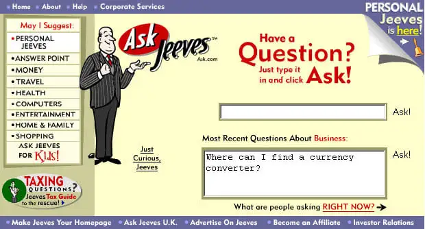 Screenshot of the Ask Jeeves website