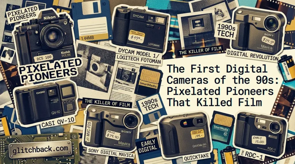 Collage of iconic 1990s digital cameras including Sony Mavica, Apple QuickTake, and Casio QV-10 with vintage floppy disks and film strips.