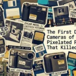Collage of iconic 1990s digital cameras including Sony Mavica, Apple QuickTake, and Casio QV-10 with vintage floppy disks and film strips.