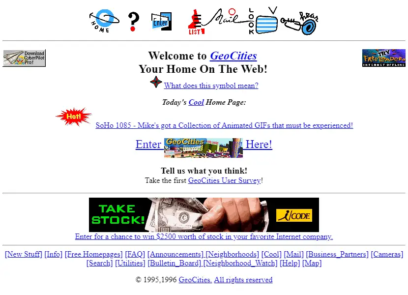 Screenshot of Geocities 1995 homepage