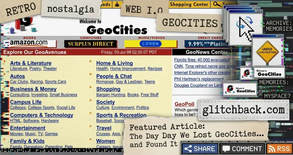 A digital collage featuring a 1998 GeoCities website homepage, retro web 1.0 elements, 'Under Construction' signs, and glitch art for a Glitchback.com featured article.