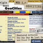 A digital collage featuring a 1998 GeoCities website homepage, retro web 1.0 elements, 'Under Construction' signs, and glitch art for a Glitchback.com featured article.