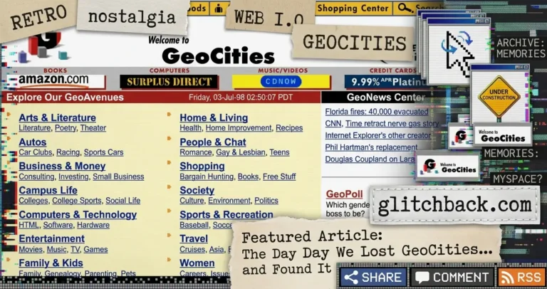 GeoCities: The Wild West of the Early Internet 6 A digital collage featuring a 1998 GeoCities website homepage, retro web 1.0 elements, 'Under Construction' signs, and glitch art for a Glitchback.com featured article.