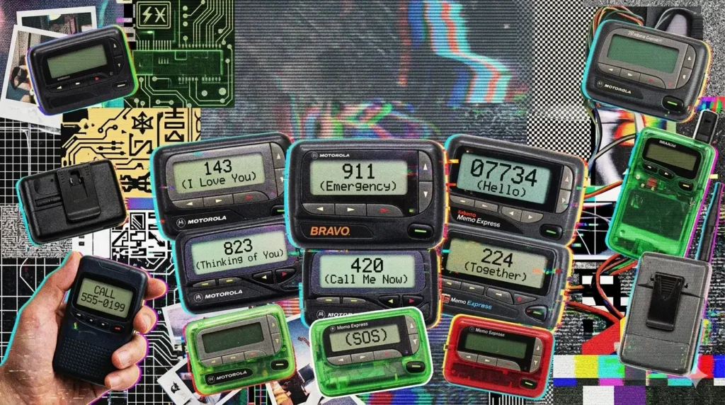 A retro glitch art collage of various 1990s pagers and beepers displaying numeric codes like 143 and 911 against a grainy, neon-distorted background.