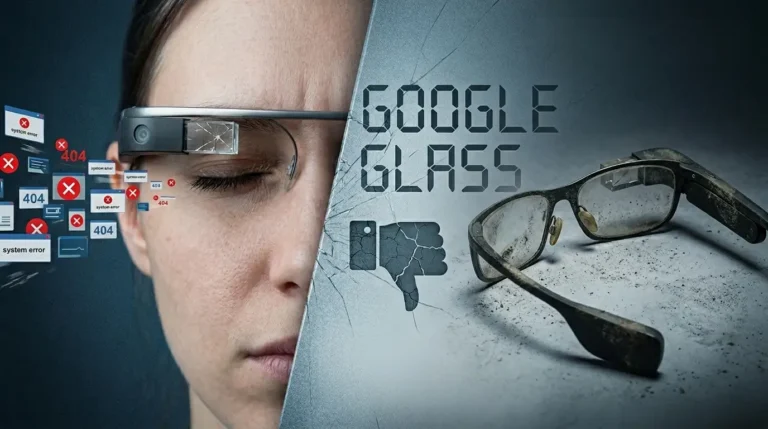 A person wearing a cracked headset with floating system errors next to a dusty pair of smart glasses, illustrating the Google Glass failure.