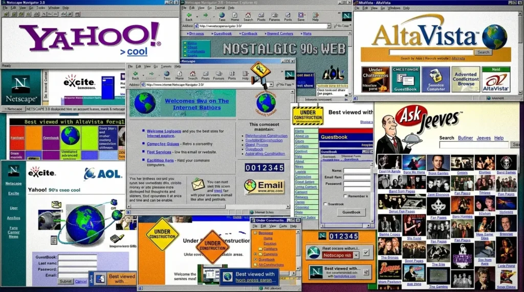 A nostalgic 90s web design collage featuring vintage logos of Yahoo, AltaVista, Ask Jeeves, and Netscape Navigator with 'Under Construction' banners and retro browser windows.