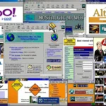 A nostalgic 90s web design collage featuring vintage logos of Yahoo, AltaVista, Ask Jeeves, and Netscape Navigator with 'Under Construction' banners and retro browser windows.
